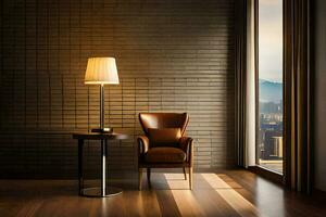 a chair and table in front of a window with a view of the city. AI-Generated photo