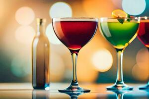 three glasses of different colored drinks on a table. AI-Generated photo