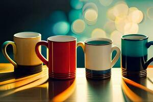 three coffee mugs lined up on a table. AI-Generated photo