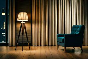a chair and lamp in front of a window. AI-Generated photo