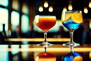 two glasses of drinks on a table with a bar. AI-Generated photo