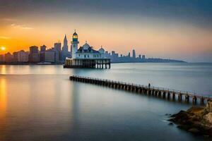 a lighthouse stands in the middle of a body of water. AI-Generated photo