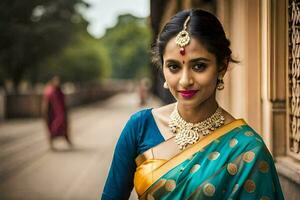 a beautiful indian woman in a traditional sari. AI-Generated photo