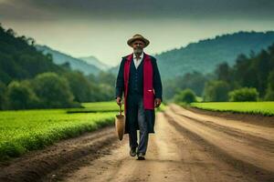 un hombre en un rojo Saco y sombrero caminando abajo un suciedad la carretera. generado por ai foto