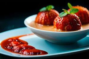 three strawberries are in a bowl with sauce. AI-Generated photo