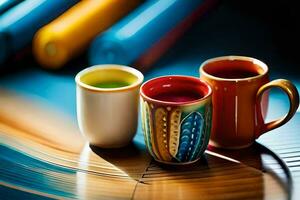 three colorful cups sit on a table. AI-Generated photo