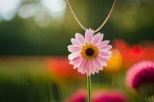 a pink flower is sitting on a necklace in a field. AI-Generated photo