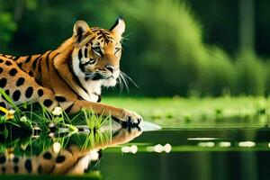 a tiger is sitting on the edge of a lake. AI-Generated photo