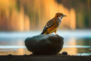 a bird sits on a rock by the water. AI-Generated photo