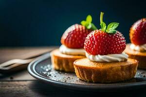 three mini cupcakes with whipped cream and strawberries. AI-Generated photo
