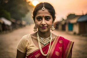 a young indian woman in a traditional sari. AI-Generated photo