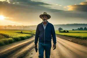 a man in a hat walks down a dirt road. AI-Generated photo