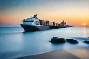 un carga Embarcacion en el Oceano a puesta de sol. generado por ai foto