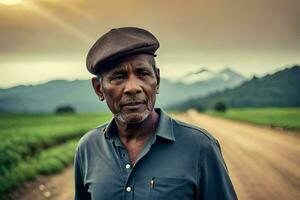 un africano hombre en pie en un suciedad la carretera. generado por ai foto