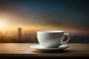 a cup of coffee on a table with a city in the background. AI-Generated photo