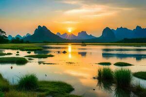 the sun sets over a river and mountains in china. AI-Generated photo