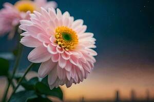 two pink flowers are in front of a city skyline. AI-Generated photo