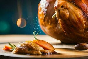 a roasted turkey on a plate with carrots and rosemary. AI-Generated photo
