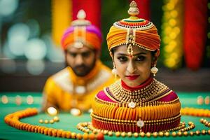 a bride and groom in traditional indian attire. AI-Generated photo