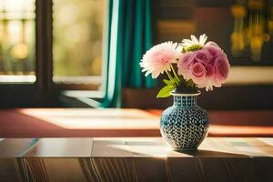 a vase with pink flowers sitting on a table. AI-Generated photo
