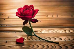 a single red rose on a wooden table. AI-Generated photo