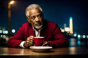 an older man in a red jacket sitting at a table with a cup of coffee. AI-Generated photo