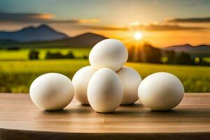 white eggs on a table with a sunset in the background. AI-Generated photo