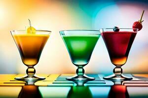 three different colored drinks in glasses on a table. AI-Generated photo