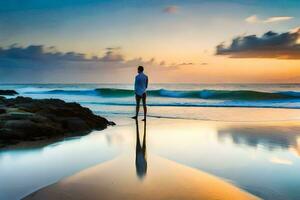 un hombre en pie en el playa a puesta de sol. generado por ai foto