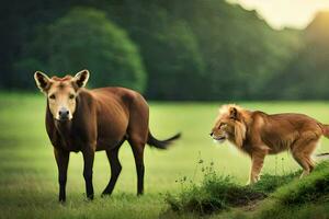 un león y un caballo en un campo. generado por ai foto