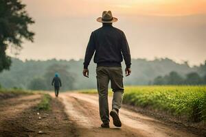 a man walking down a dirt road with a hat on. AI-Generated photo