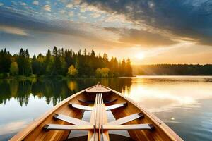 el barco es en el lago a puesta de sol. generado por ai foto