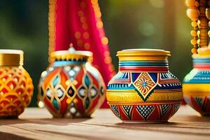 colorful vases with colorful designs on them. AI-Generated photo