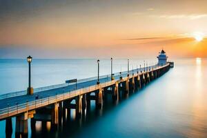 a long exposure photograph of a pier at sunset. AI-Generated photo