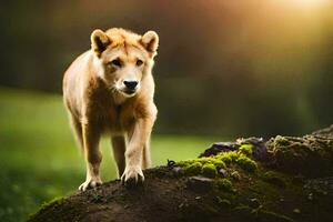 photo wallpaper the sky, grass, sun, lion, animal, animal, animal, animal,. AI-Generated