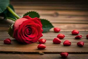 a single red rose on a wooden table with hearts. AI-Generated photo