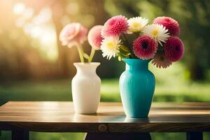two vases with pink and white flowers on a table. AI-Generated photo