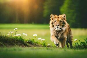 a lion walking through a field with flowers. AI-Generated photo