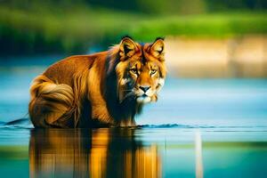 un león sentado en el agua. generado por ai foto