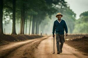 an elderly man walking down a dirt road. AI-Generated photo