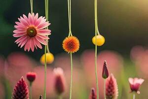 rosado flores colgando desde instrumentos de cuerda en un campo. generado por ai foto