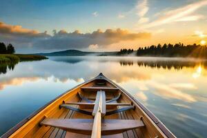 a canoe is floating on a calm lake at sunset. AI-Generated photo
