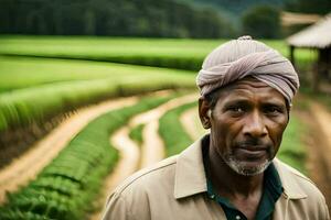 a man standing in front of a field of green plants. AI-Generated photo