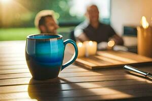 un azul jarra en un mesa con velas generado por ai foto