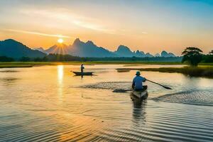 two people in a canoe on a river at sunset. AI-Generated photo