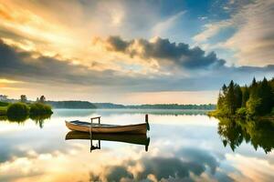 un barco se sienta en el calma agua a puesta de sol. generado por ai foto