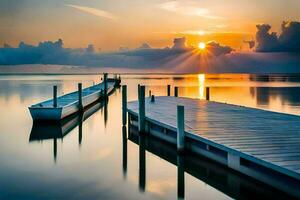 a boat dock in the middle of a lake at sunset. AI-Generated photo