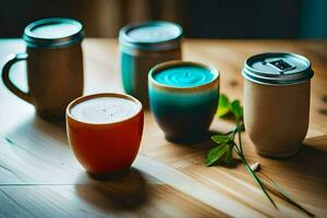 un grupo de cuatro tazas con diferente colores. generado por ai foto