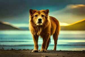 a lion standing on the beach at sunset. AI-Generated photo