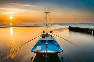 a boat is docked at the shore of a beach at sunset. AI-Generated photo